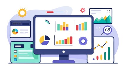 The image depicts a computer monitor displaying colorful charts and graphs, surrounded by other visual elements like a pie chart, line graphs, 