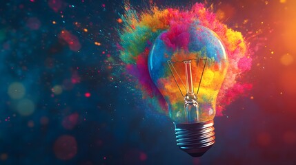Wall Mural - a light bulb exploding with vibrant colorful powder