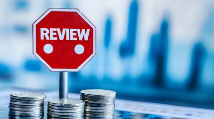 A red stop sign with the word STOP is depicted, with objects such as stacks of coins and stock charts in the background, 