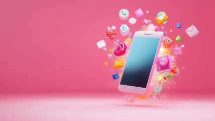 Abstract 3D model of a smartphone with exploding icons of shopping, discounts and digital payment solutions, pastel theme