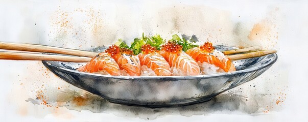 Watercolor of Salmon Sashimi set in Japanese restaurant,Hirame sashimi,dripping soy sauce or shoyu,salmon sashimi,fresh tuna sashimi dish,Japanese chef making sushi at restaurant.