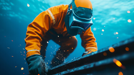 A diver in an orange suit explores underwater construction, surrounded by bubbles and sparks, showcasing deep-sea industrial work.