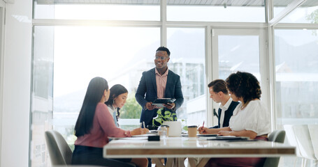 Poster - Collaboration, meeting and tablet with business people in office for discussion or planning. Seminar, training or workshop with corporate men and women in workplace for upskill development or vision