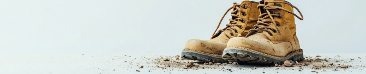 Veteran boots with dust and wear isolated on a light gray background.