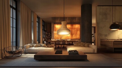 A stylish living room featuring a fabric pendant lamp that complements modern decor, casting a warm glow