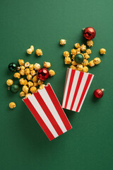 Wall Mural - Vertical two red and white popcorn boxes spill delicious popcorn next to festive red and green Christmas ornaments, creating a holiday-themed snack setting