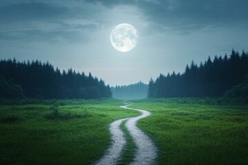 Canvas Print - A moonlit forest with two distinct trails, one clear and the other overgrown, representing decisions and their consequences.