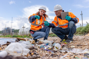 two environmental scientists management professionals, wearing protective gear such as hard hats, gl