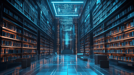 Futuristic library, where AI organizes and presents information as glowing holograms