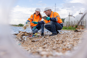 two environmental management experts wearing protective gear such as hard hats, gloves and reflectiv
