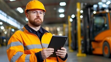 A construction worker in safety gear using a tablet in a warehouse with forklifts in the background.