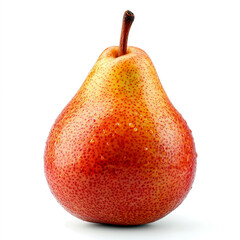 A ripe red pear with a smooth surface and a slender stem, showcasing its natural beauty.