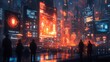© shikatso - Futuristic cityscape with neon lights, towering buildings, and silhouettes of people looking out over the city.