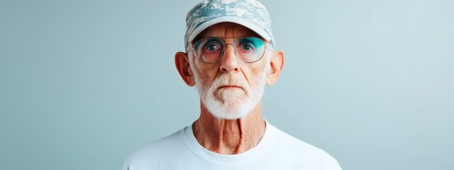 Wall Mural - Veteran in uniform holding a photo from their service against a light gray background.