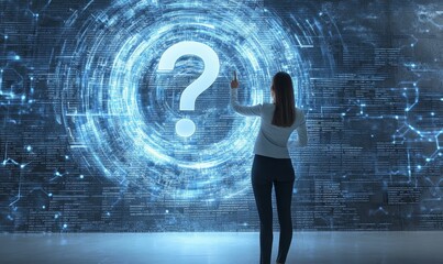 Woman interacts with a glowing question mark.