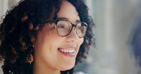 Canvas Print - Business, thinking and woman with glasses, ideas and thoughts with window, contemplation and smile. Person, employee or consultant with view, eyewear and clear vision with solution or problem solving