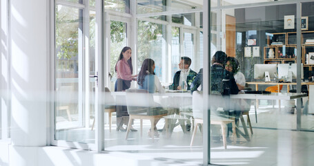 Poster - Boardroom, meeting and seminar with business people in office for discussion or planning. Collaboration, development or workshop with corporate men and women in workplace for strategy or vision