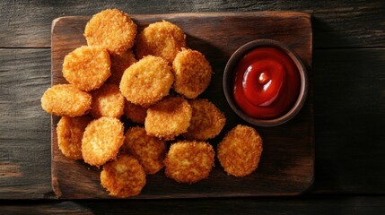 Delicious golden potato patties with a side of ketchup, beautifully arranged on a wooden serving board, perfect for sharing.