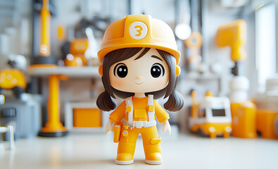 3D illustration of woman engineer wearing yellow dress worker character. Portraits of cartoon characters standing female. 3D rendering blurred background factory.