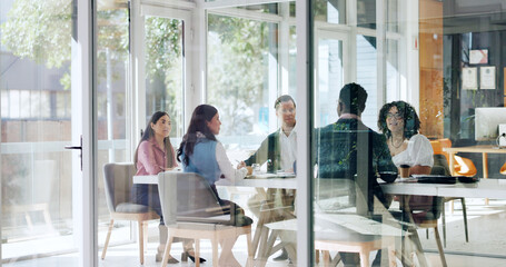 Poster - Boardroom, meeting and workshop with business people in office for discussion or planning. Collaboration, development or seminar with corporate men and women in workplace for strategy or vision