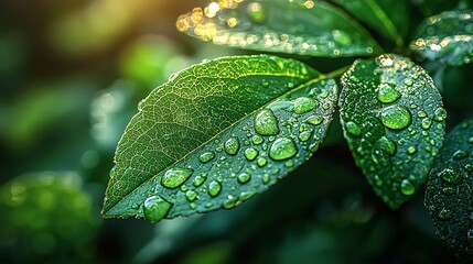 Wall Mural - Green Leaf with Water Droplets and Sunlight