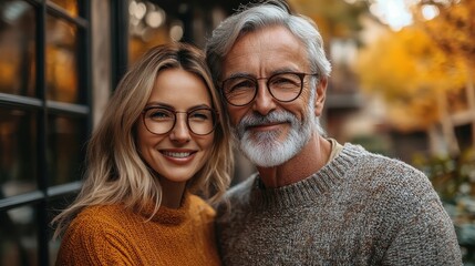 A cheerful couple enjoys a warm autumn day, smiling together in a cozy outdoor setting with vibrant fall foliage