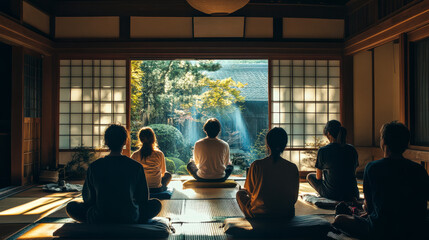 A group of people participating in a meditation session in a traditional Japanese temple, the air filled with quiet focus and mindfulness.