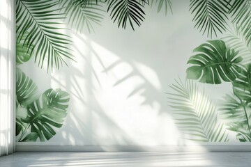 Wall Mural - A white wall with a tropical leaf pattern and sunlight streaming through a window.