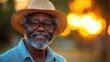 © Рудой Максим - Smiling elderly man with glasses and straw hat enjoying a golden sunset outdoors in a serene natural setting