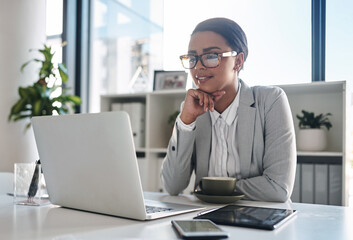 Poster - Office, businesswoman and smile with laptop for solution, reading information and online research. Career, female person and project manager with digital for corporate, report and company progress