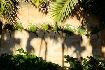 Wall Mural - Palm leaves cast shadows on a yellow wall in a tropical setting.