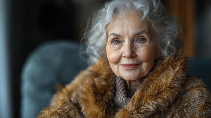 elderly woman with curly hair wearing a warm fur coat smiles softly while seated indoors in natural 