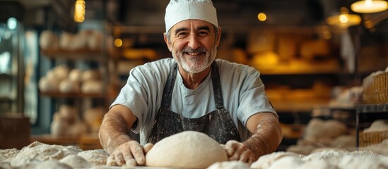 Wall Mural - A smiling baker kneads a loaf of bread in his bakery, surrounded by flour and ready to bake.