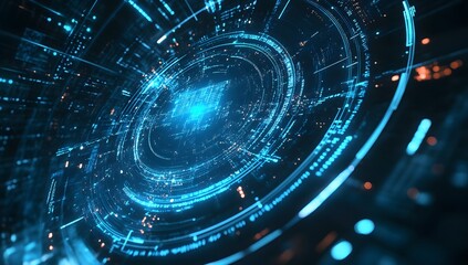 Aufkleber - Abstract futuristic background with blue glowing circular elements and holographic technological patterns, creating an immersive digital environment for design projects