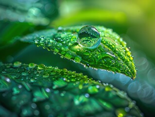 Poster - Dewdrops on green leaves. AI.