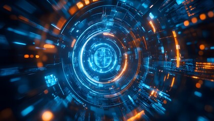 Aufkleber - Abstract futuristic background with blue glowing circular elements and holographic technological patterns, creating an immersive digital environment for design projects