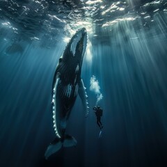 Wall Mural - A diver encounters a massive humpback whale in the ocean. AI.