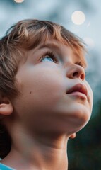 Wall Mural - A young child looks up with wonder. AI.