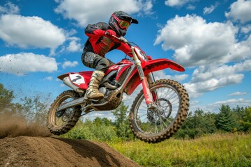 A motocross rider catching air off a dirt ramp, with the blue sky and fluffy clouds in the background, dirt flying up around the tires