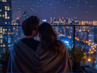 Poster - A couple wrapped in a blanket looking at the city lights. AI.