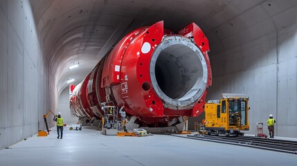 Poster - A large powerful tunnel boring machine is positioned at the mouth of a new underground construction project