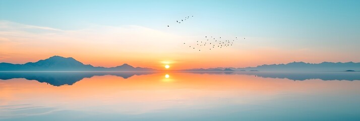 Poster - Breathtaking scene of a sunset s warm glow reflecting on the calm mirror like surface of a serene lake with graceful birds silhouetted against the sky in a peaceful harmonious composition