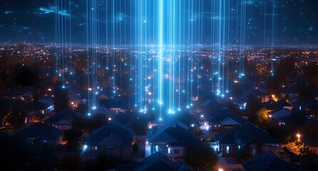 Poster - Connected many light lines representing data transfer. The sky is dark blue at night. 