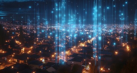 Poster - Connected many light lines representing data transfer. The sky is dark blue at night. 