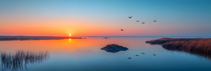 Poster - Breathtaking sunset reflecting on the still waters of a serene lake with silhouettes of birds soaring overhead in the peaceful atmospheric dusk