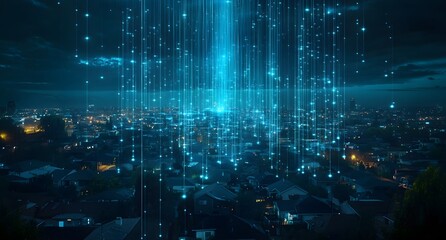 Poster - Connected many light lines representing data transfer. The sky is dark blue at night. 