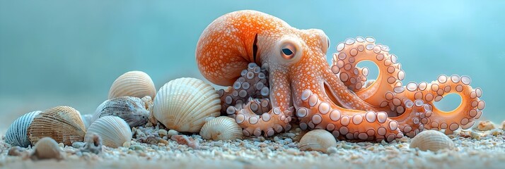 Poster - Captivating Octopus Tentacles Curling Around Seashells in the Serene Ocean Depths Showcasing the Elegant and Mysterious Beauty of Marine Life