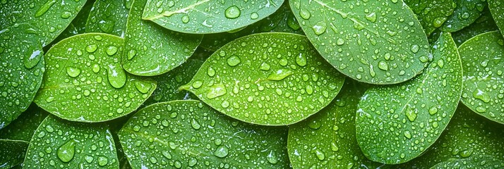 Aufkleber - Close up view of lush green leaves covered in glistening raindrops showcasing the natural beauty and freshness of the environment  This image represents the concept of renewal growth