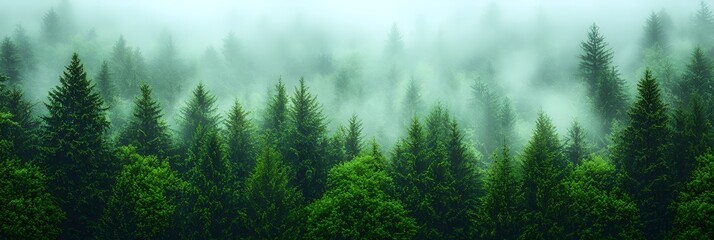 Poster - Fog rolling over a dense forest creates an enchanting and ethereal atmosphere with a moody mystical and dreamlike that invites and contemplation