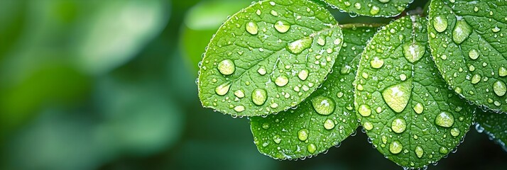 Aufkleber - Fresh green leaves covered in glistening raindrops representing the vibrant freshness and renewal of the natural world  A tranquil